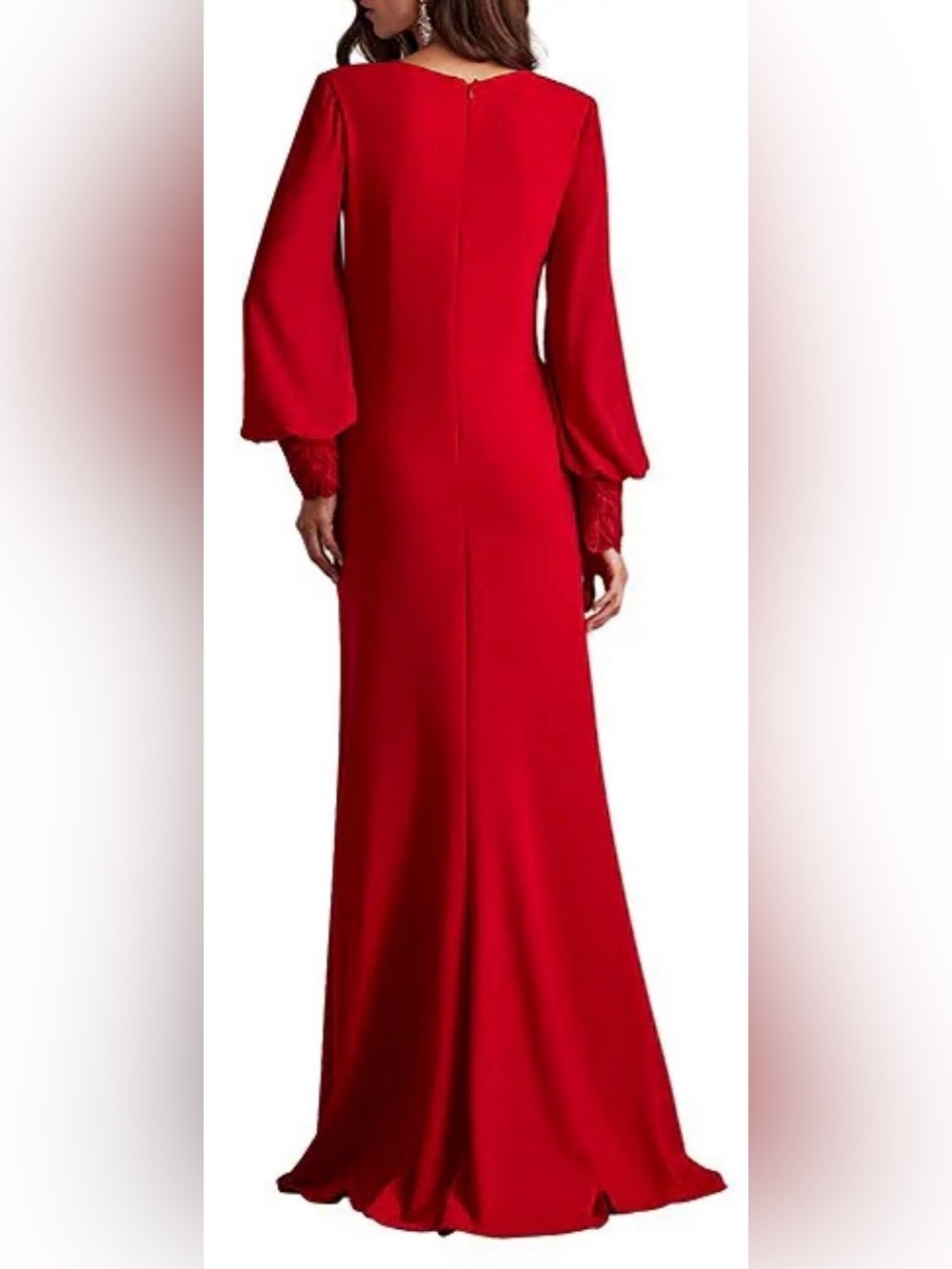 NEW TADASHI SHOJI Sahana Long Bishop Sleeve Plunge Red Gown Sz XL - Picture 2 of 11